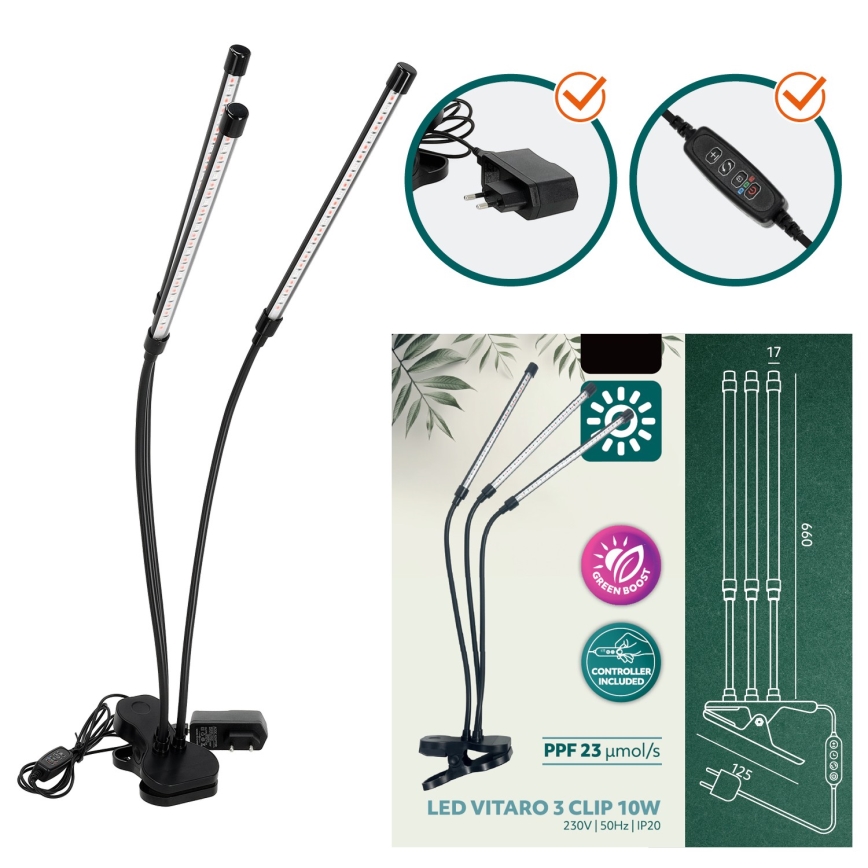 LED-säädettävä joustava pöytälamppu kasvien kasvatukseen, VITARO 3xLED/10W/230V musta, klipsikiinnitys