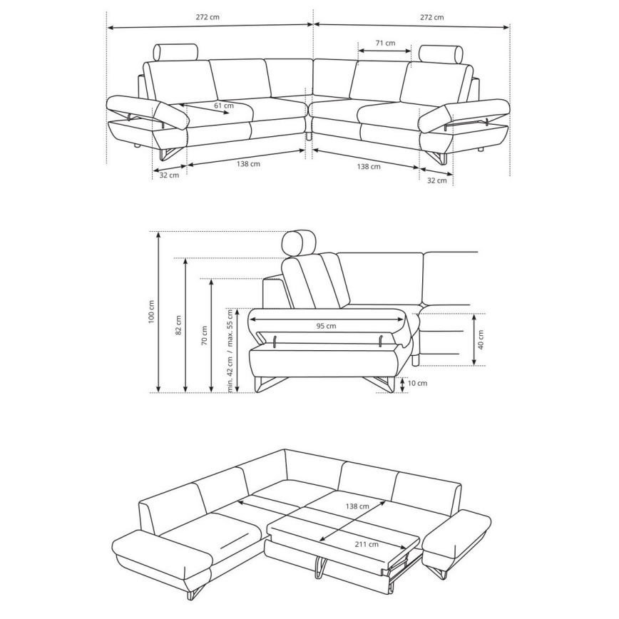 Vuoteeksi avattava L-mallinen verhoiltu kulmasohva säilytystilalla AVESTA, harmaa