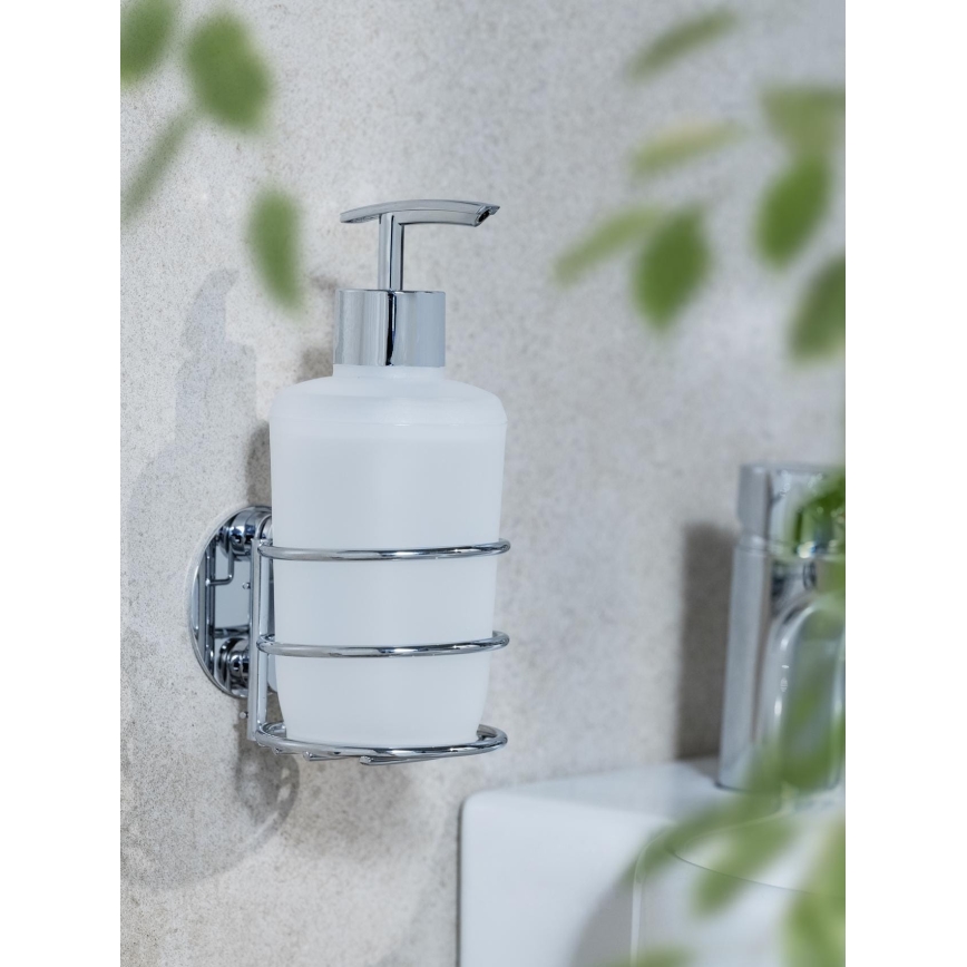 WENKO 18777100 - Saippua-annostelija TURBO-LOC, pyöreä teräs 7,5x16,5 cm kiiltävä kromi/valkoinen