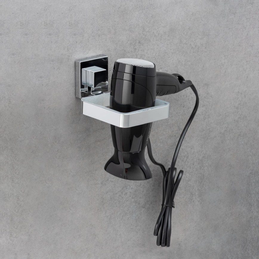 WENKO 22682100 -Hiustenkuivaajan pidike VACUUM-LOC QUADRO ED 13,5x14 cm hopea/kromi