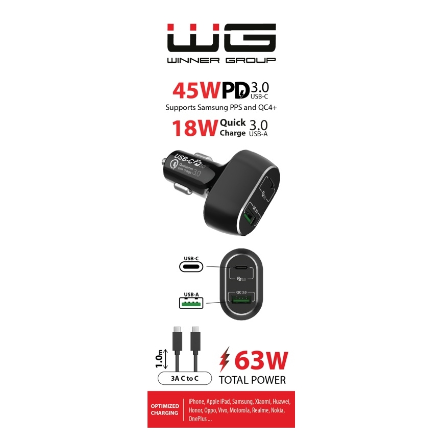 Winner Group - Autolaturi 1xUSB-C + 1xUSB-A Power Delivery 63W + USB-kaapeli USB-C / USB-C 1 m musta