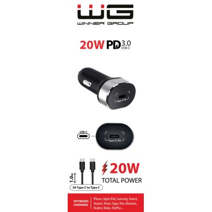 Winner Group - Autolaturi 1xUSB-C Power Delivery 20W + USB-kaapeli USB-C / USB-C 1 m musta