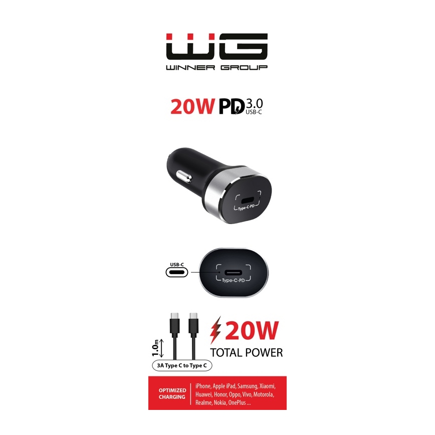 Winner Group - Autolaturi 1xUSB-C Power Delivery 20W + USB-kaapeli USB-C / USB-C 1 m musta