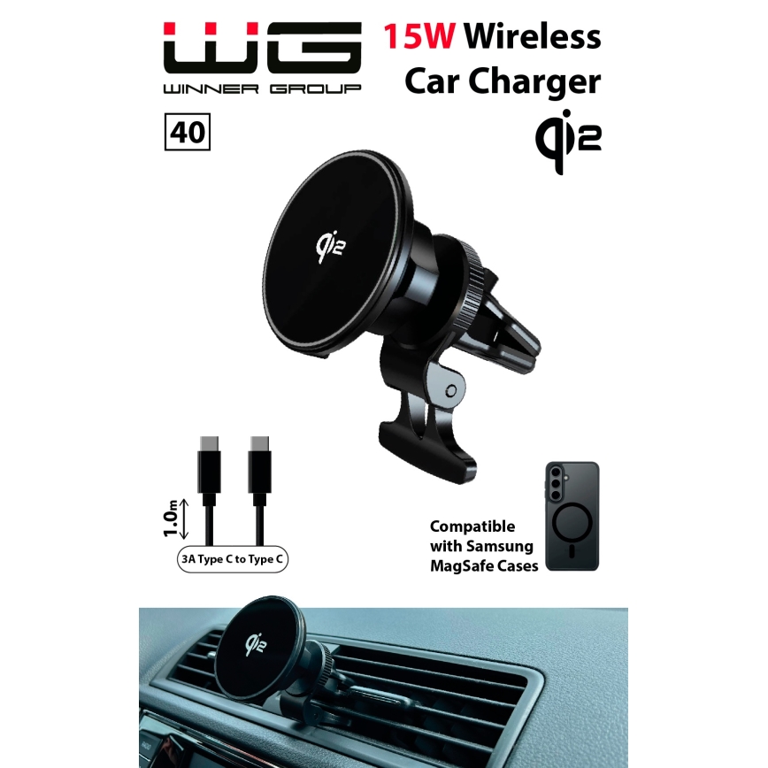 Winner Group - Langaton laturi ja pidin autoon 15W Qi2 MagSafe
