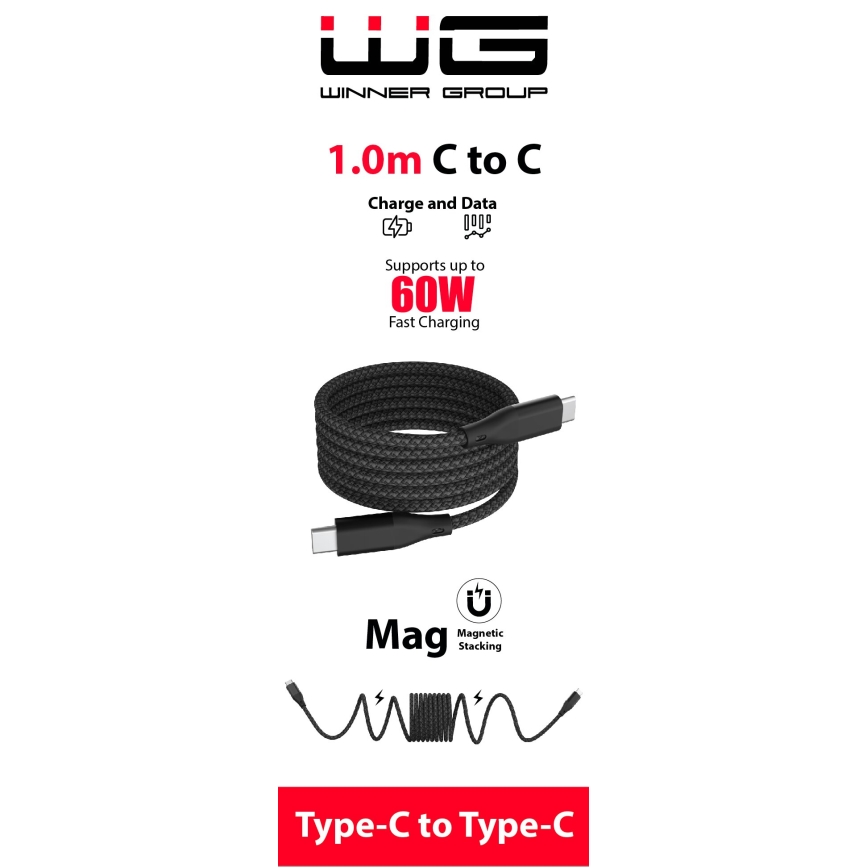 Winner Group - Magneettinen USB-kaapeli USB-C / USB-C 60W 1m musta