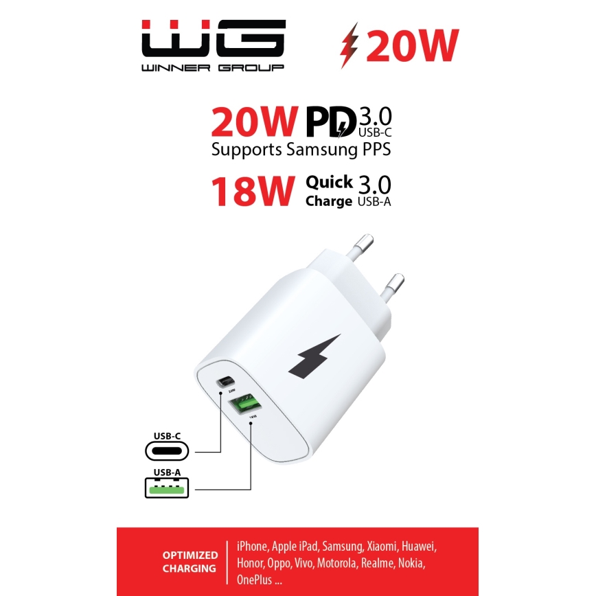 Winner Group - Nopea latausadapteri 1x USB-C + 1x USB-A, Power Delivery 20 W, valkoinen