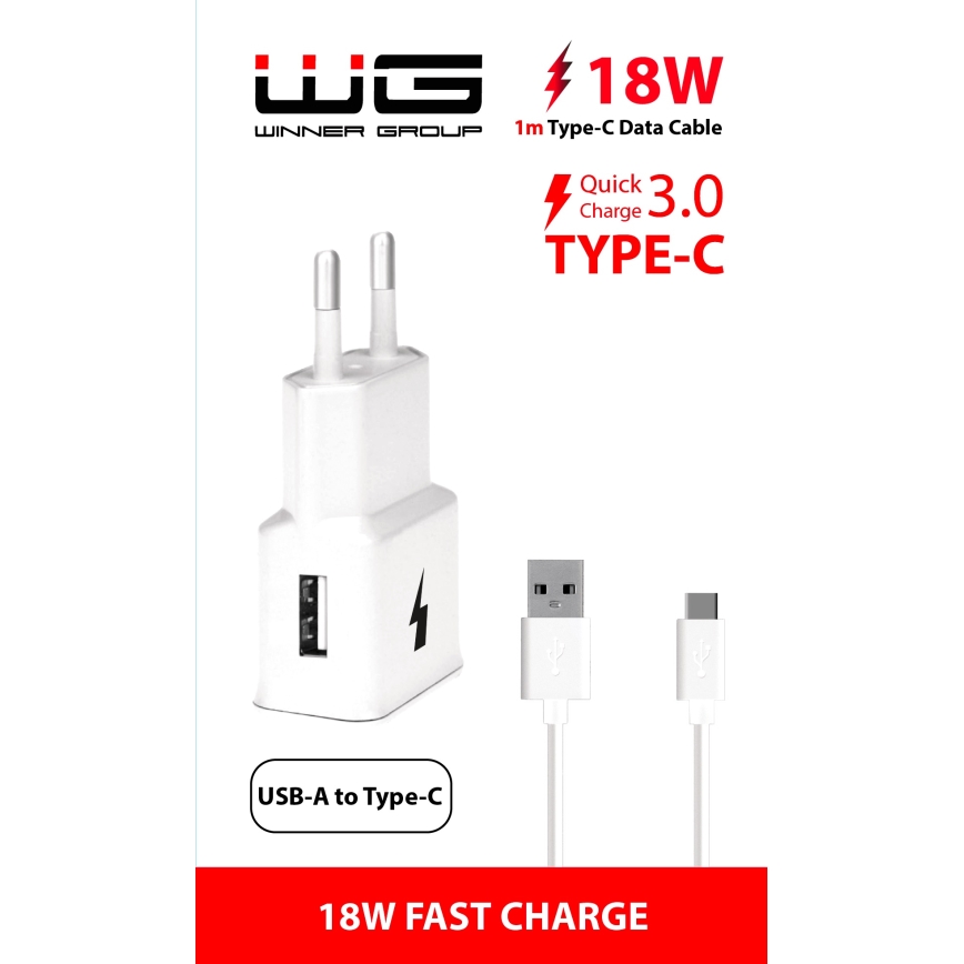 Winner Group- Pikalatausadapteri 1xUSB-A PD 18W + USB-kaapeli USB-C / USB-A 1m
