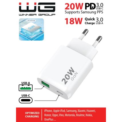 Winner Group - Pikalatausadapteri 1xUSB-C + 1xUSB-A Power Delivery 20W valkoinen