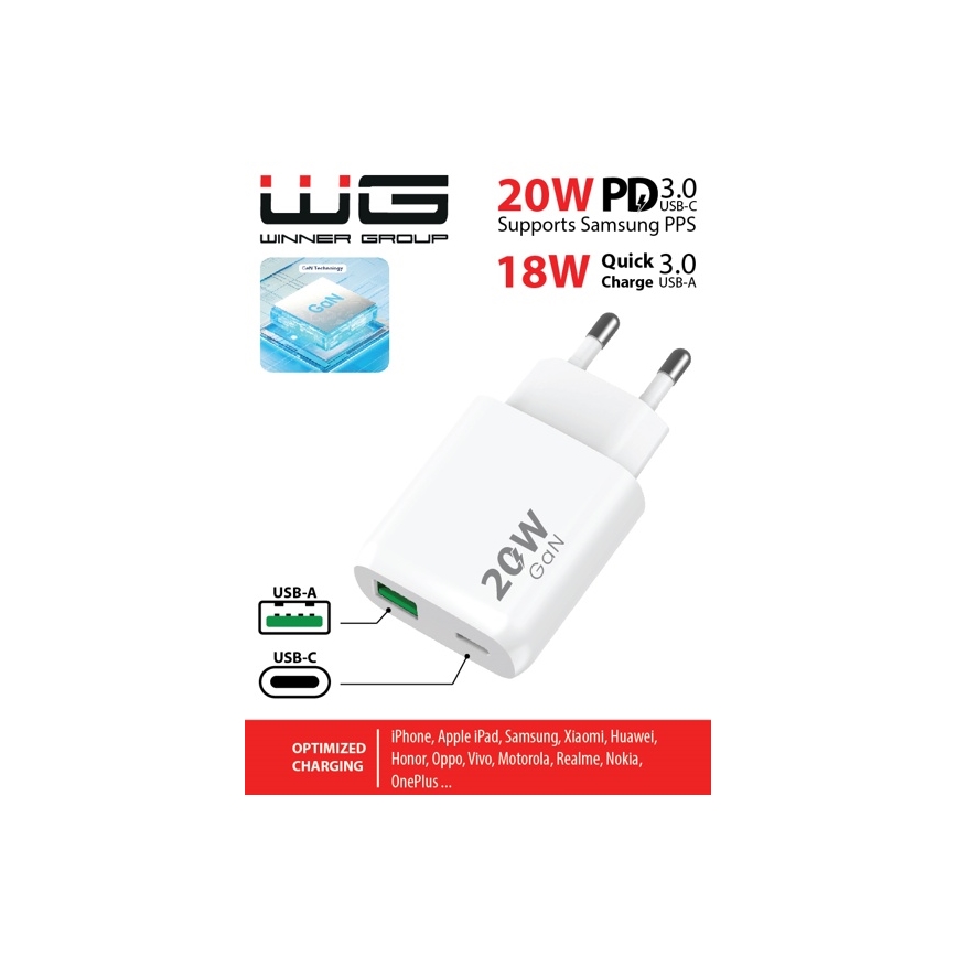 Winner Group - Pikalatausadapteri 1xUSB-C + 1xUSB-A Power Delivery 20W valkoinen