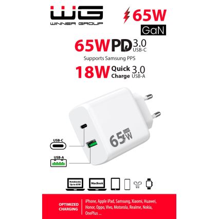 Winner Group - Pikalatausadapteri 1xUSB-C + 1xUSB-A Power Delivery 65W valkoinen