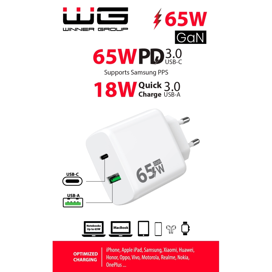 Winner Group - Pikalatausadapteri 1xUSB-C + 1xUSB-A Power Delivery 65W valkoinen