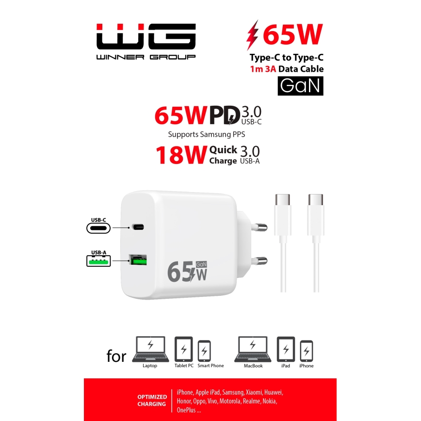 Winner Group - Pikalatausadapteri 2xUSB PD 65W + USB-kaapeli USB-C / USB-C 1m