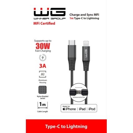 Winner Group - USB-kaapeli MFI Lightning / USB-C 1m musta