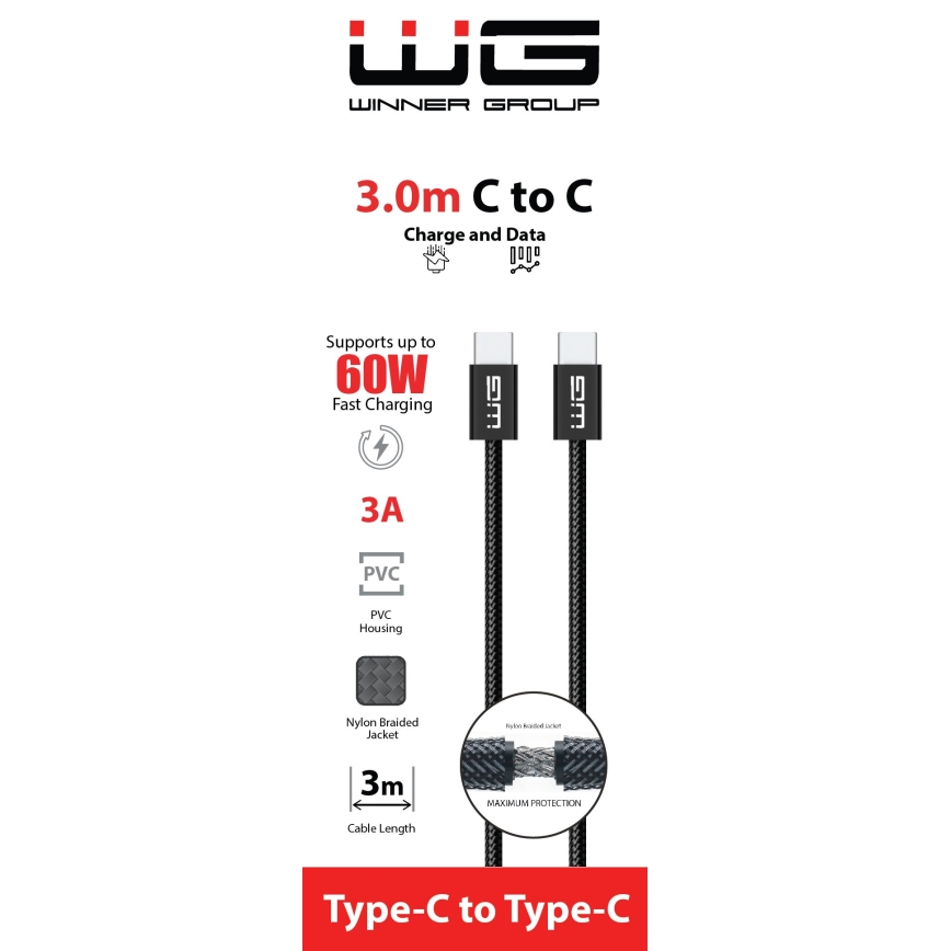 Winner Group - USB-kaapeli USB-C / USB-C 60W 3m musta