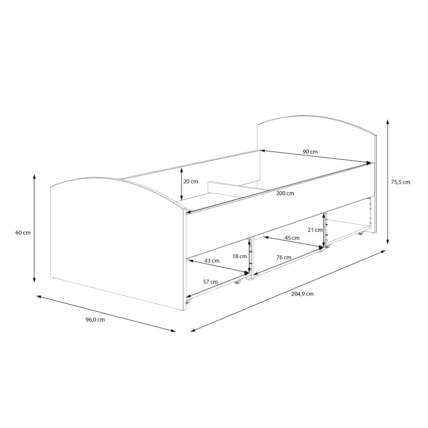 Yhden hengen sänky säilytystilalla URO 90 x 200 cm, artisan-tammi/valkoinen
