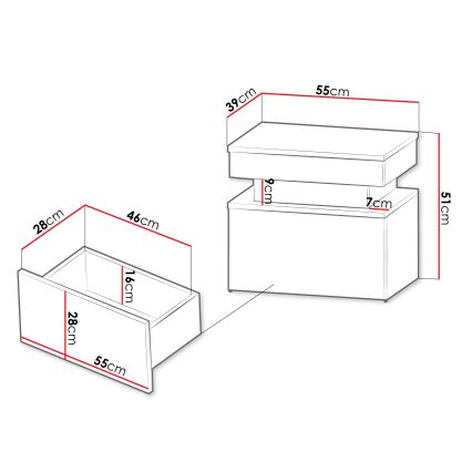 Yöpöytä LED-valaistuksella GLOSSA 51x55 cm musta/kiiltävä musta