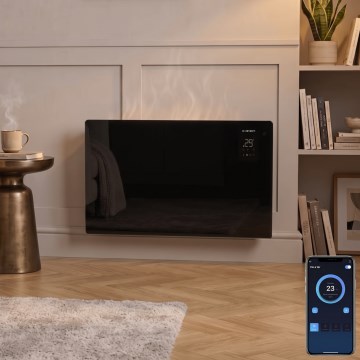 ZEVENTI - Älykäs seinään asennettava sähköinen suora-/konvektorilämmitin LCD-näytöllä 1000/2000W/230V Wi-Fi musta