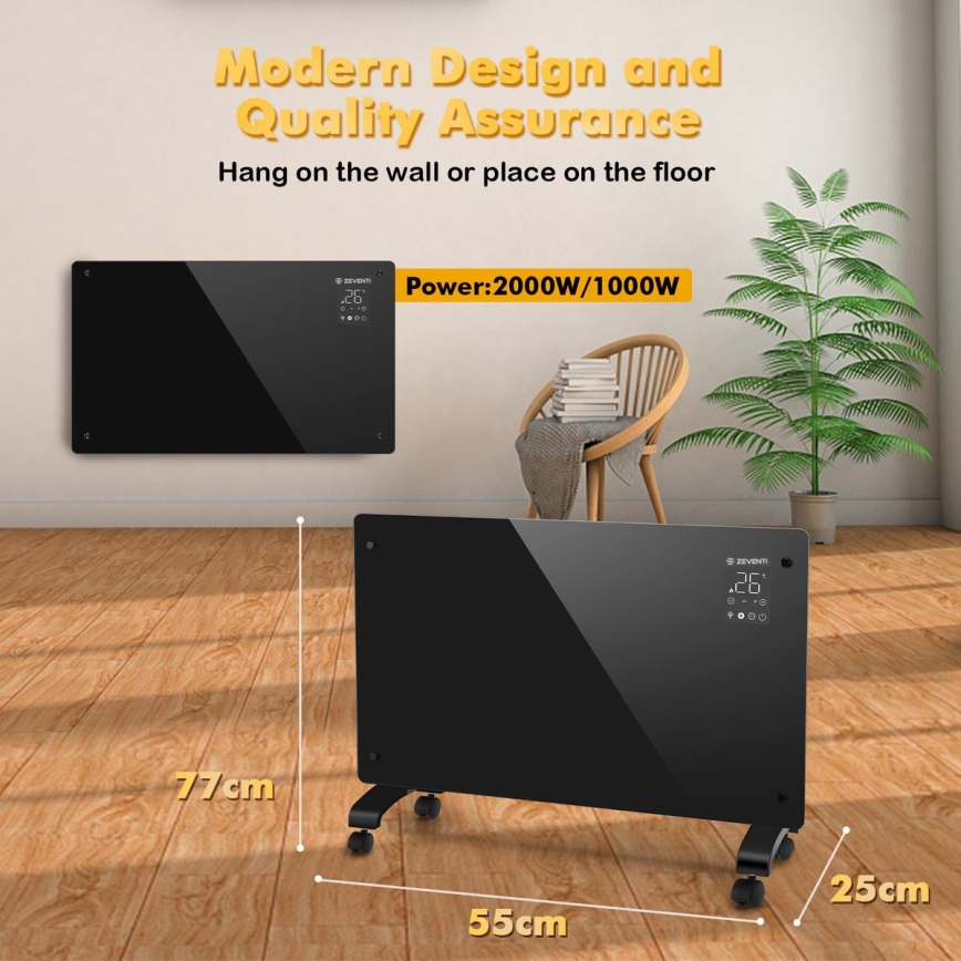 ZEVENTI - Älykäs seinään asennettava sähköinen suora-/konvektorilämmitin LCD-näytöllä 1000/2000W/230V Wi-Fi musta