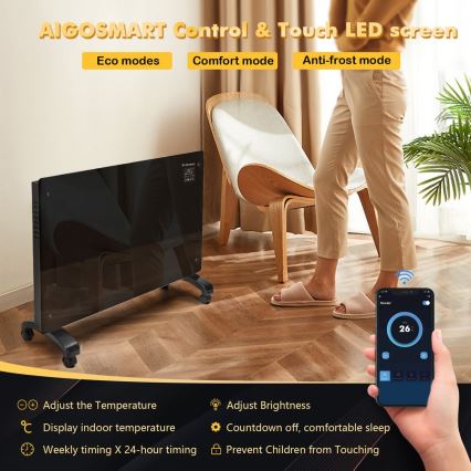 ZEVENTI - Älykäs seinään asennettava sähköinen suora-/konvektorilämmitin LCD-näytöllä 1000/2000W/230V Wi-Fi musta