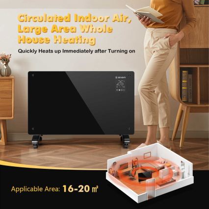 ZEVENTI - Älykäs seinään asennettava sähköinen suora-/konvektorilämmitin LCD-näytöllä 1000/2000W/230V Wi-Fi musta