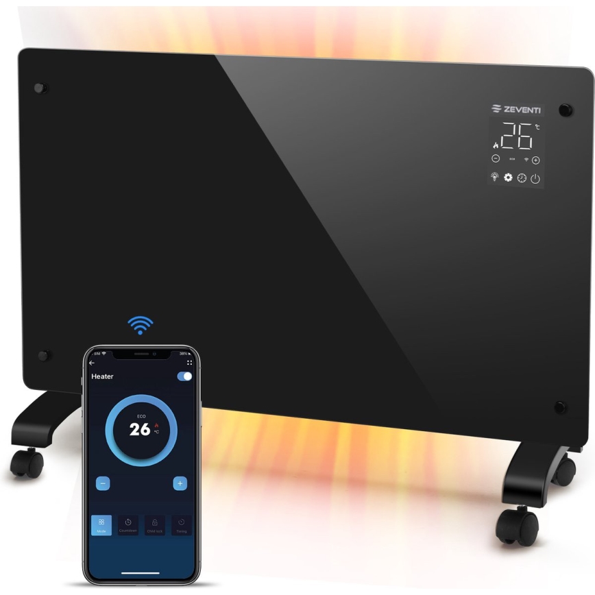ZEVENTI - Älykäs seinään asennettava sähköinen suora-/konvektorilämmitin LCD-näytöllä 1000/2000W/230V Wi-Fi musta
