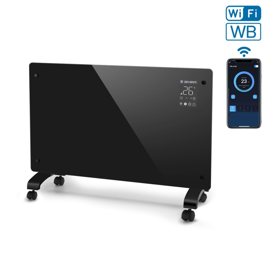 ZEVENTI - Älykäs seinään asennettava sähköinen suora-/konvektorilämmitin LCD-näytöllä 1000/2000W/230V Wi-Fi musta