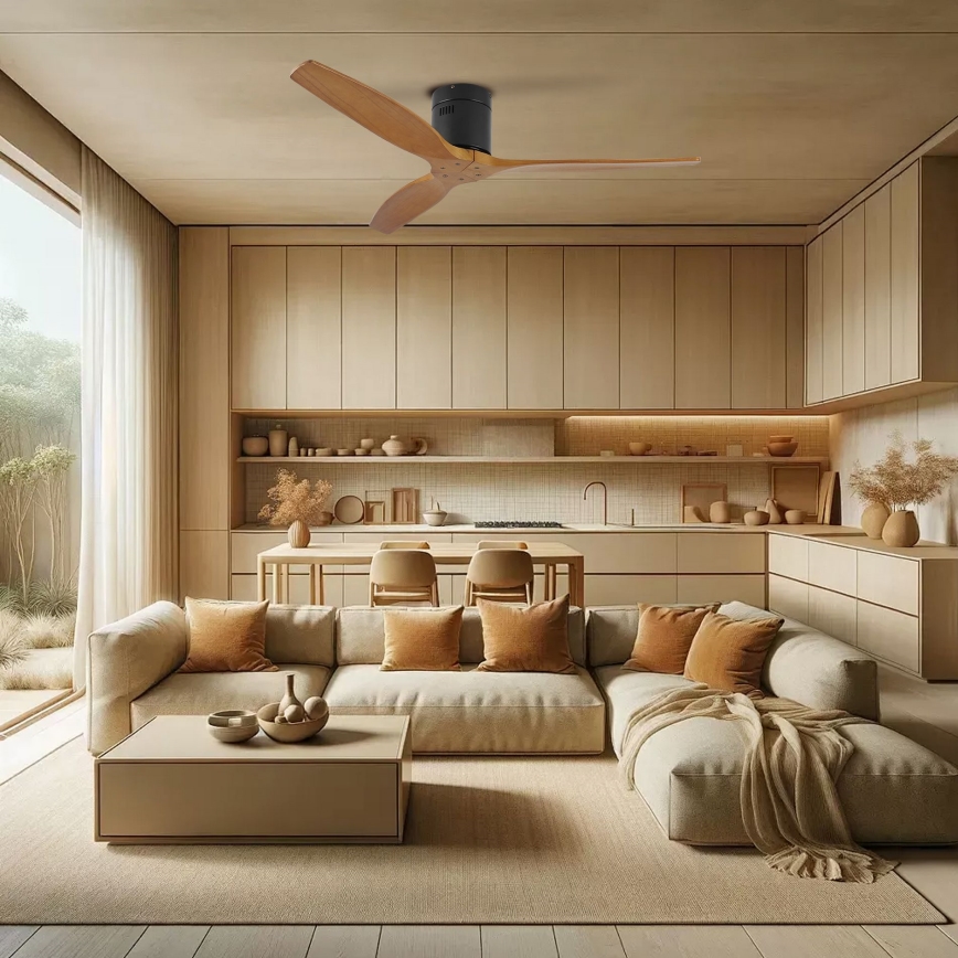 ZEVENTI - Kattotuuletin SPELLO Wi-Fi Tuya musta/tammi + kaukosäädin