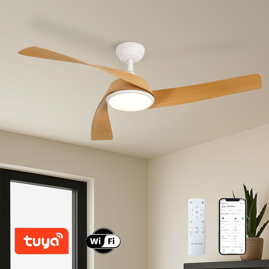 ZEVENTI - himmennettävä LED-kattotuuletin AERYS LED/24W/230V 3000/4000/6000K Wi-Fi Tuya valkoinen/tammi + kaukosäädin