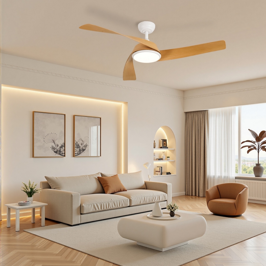 ZEVENTI - himmennettävä LED-kattotuuletin AERYS LED/24W/230V 3000/4000/6000K Wi-Fi Tuya valkoinen/tammi + kaukosäädin