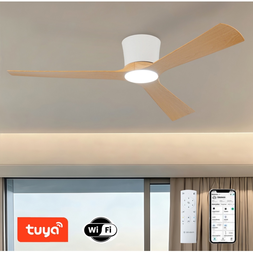 ZEVENTI - Himennettävä LED-kattotuuletin AUREX LED/24W/230V 3000/4000/6000K Wi-Fi Tuya valkoinen/tammi + kaukosäädin