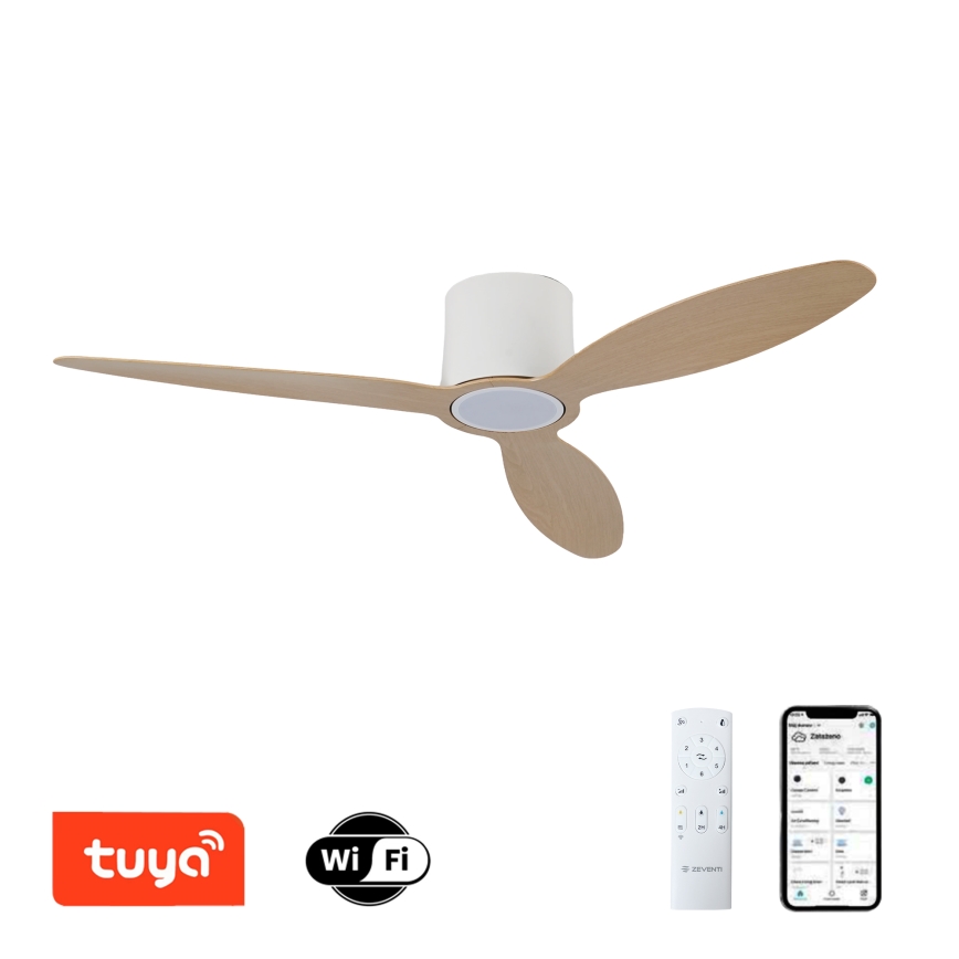 ZEVENTI - LED Himmennettävä kattotuuletin VENTORA LED/24W/230V 3000/4000/6000K Wi-Fi Tuya valkoinen/tammi + kaukosäädin
