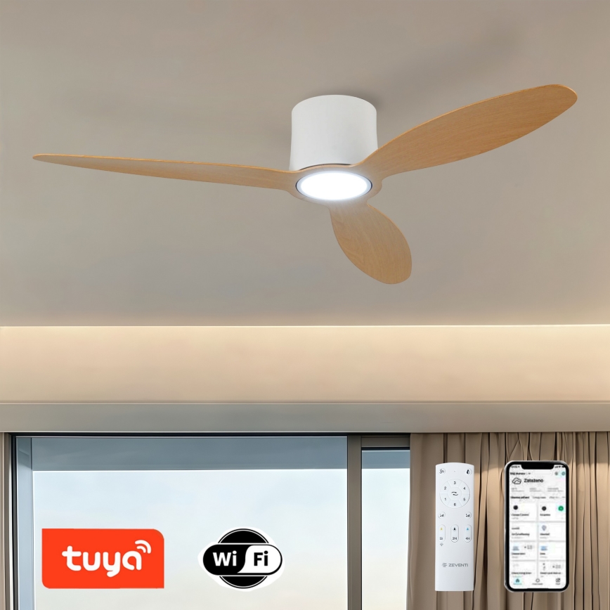 ZEVENTI - LED Himmennettävä kattotuuletin VENTORA LED/24W/230V 3000/4000/6000K Wi-Fi Tuya valkoinen/tammi + kaukosäädin