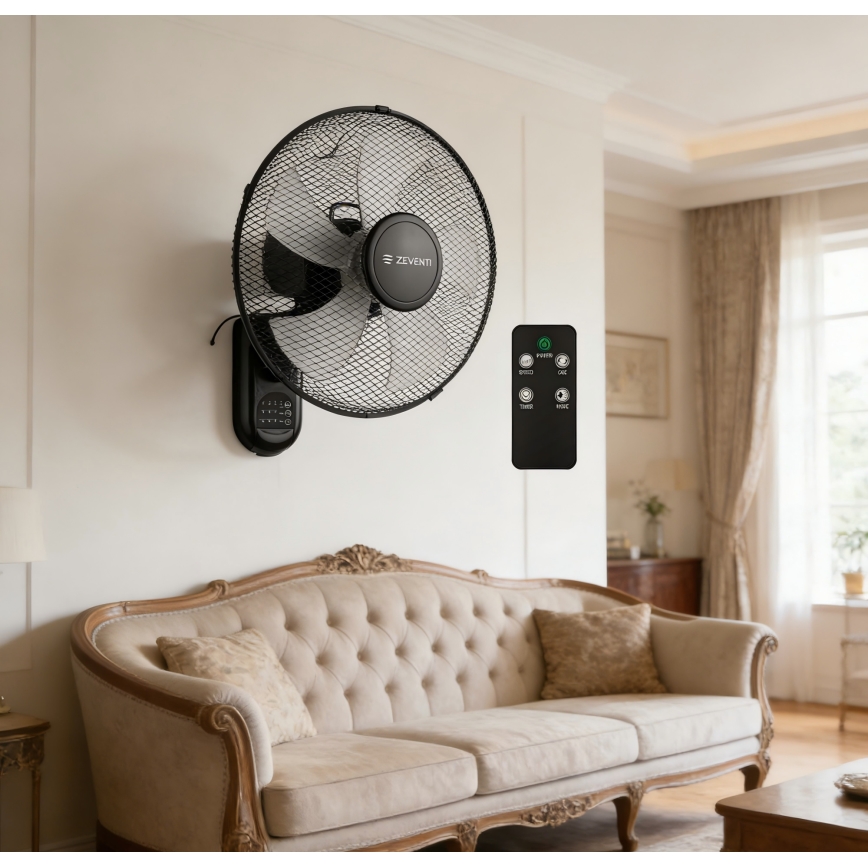 ZEVENTI - Seinäkiinnitteinen tuuletin FANNY 45W/230V Ø 41 cm musta + kaukosäädin