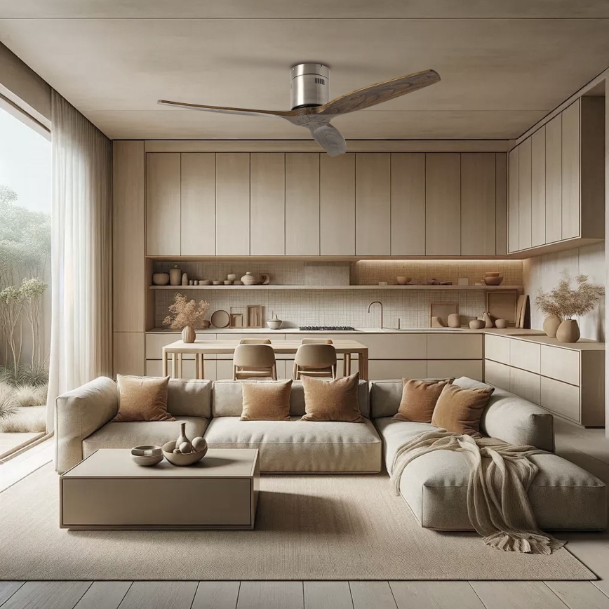 ZEVENTI - Kattotuuletin SPELLO Wi-Fi Tuya mattakromi/tammi + kaukosäädin